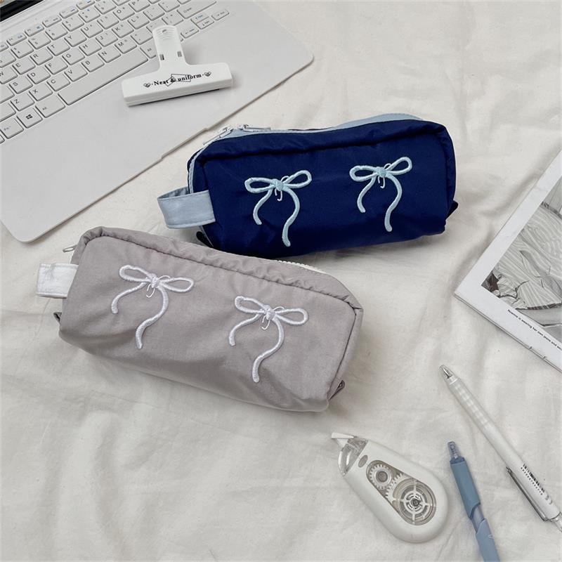 Cute Simple Bowknot Hand-Held Pencil Case Girly Pencil Bags Large Capacity Portable Student Stationery Storage Bag School Supply
