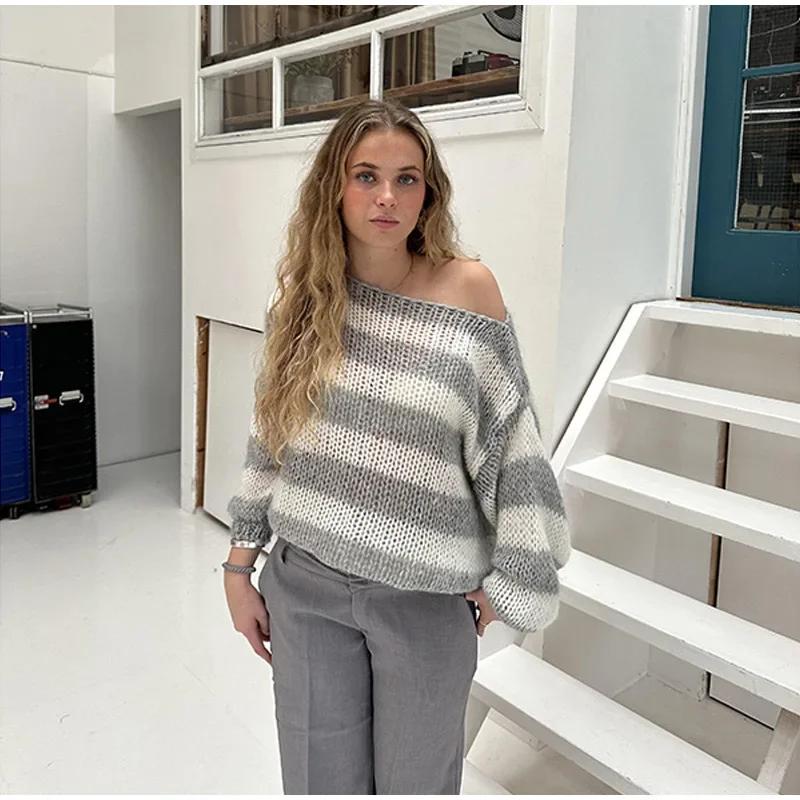 Beiläufige Gestrickte Gestreifte Pullover Frauen Lose Off Schulter Slash Neck Langarm Weibliche Pullover 2024 Herbst Dame Straße Jumper