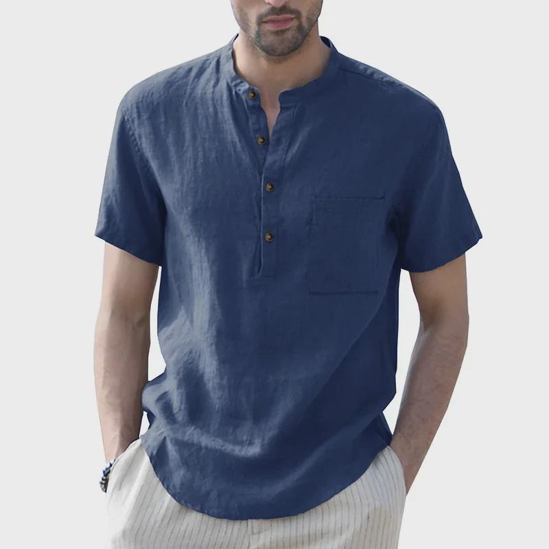Men's Summer Cotton Linen Casual Pullover Short-Sleeve Shirt