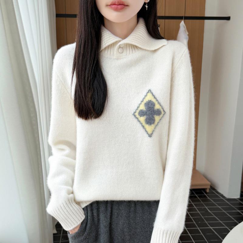 Women's Diamond Jacquard Wool Lapel Sweater - Thick, Warm, Long Sleeve Knitwear for Autumn/Winter