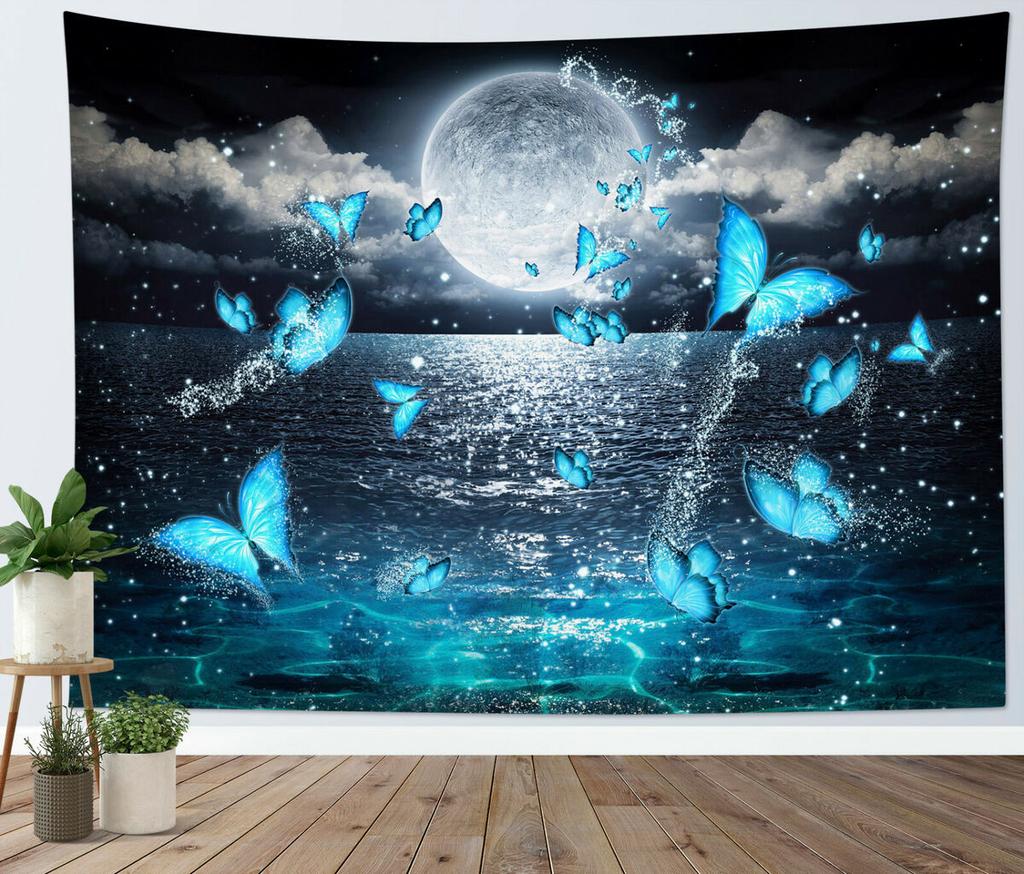 Moon Over Ocean Tapestry Full Moon Night Sky with Cherry Blossom Tree Wall Tapestry for Bedroom Cloud Pink Floral Wall Hanging