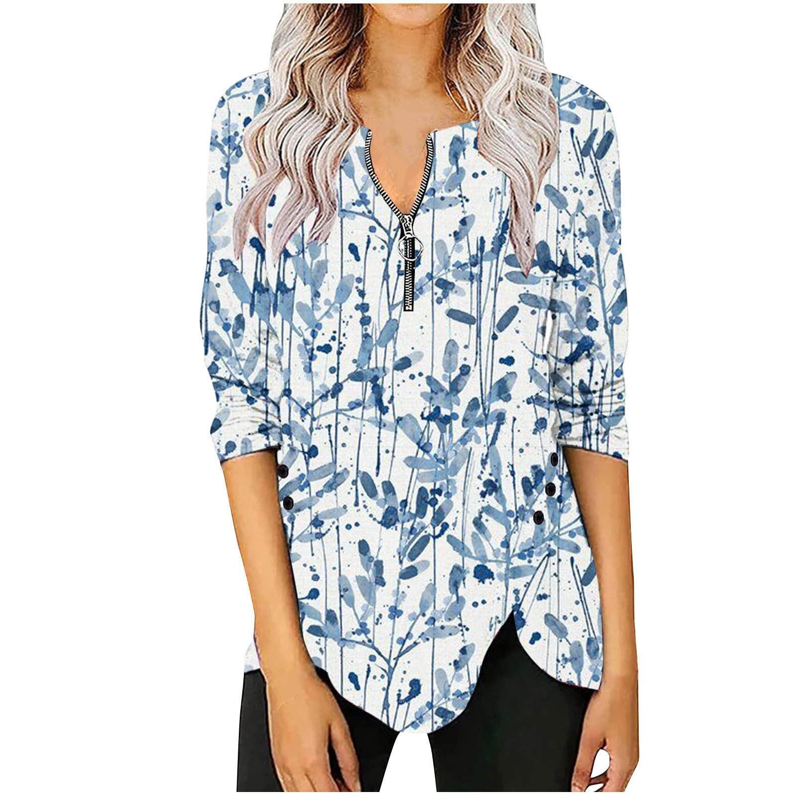 

Women s Fashion Casual Long Sleeve Print Round Neck Pullover Top Blouse L синій