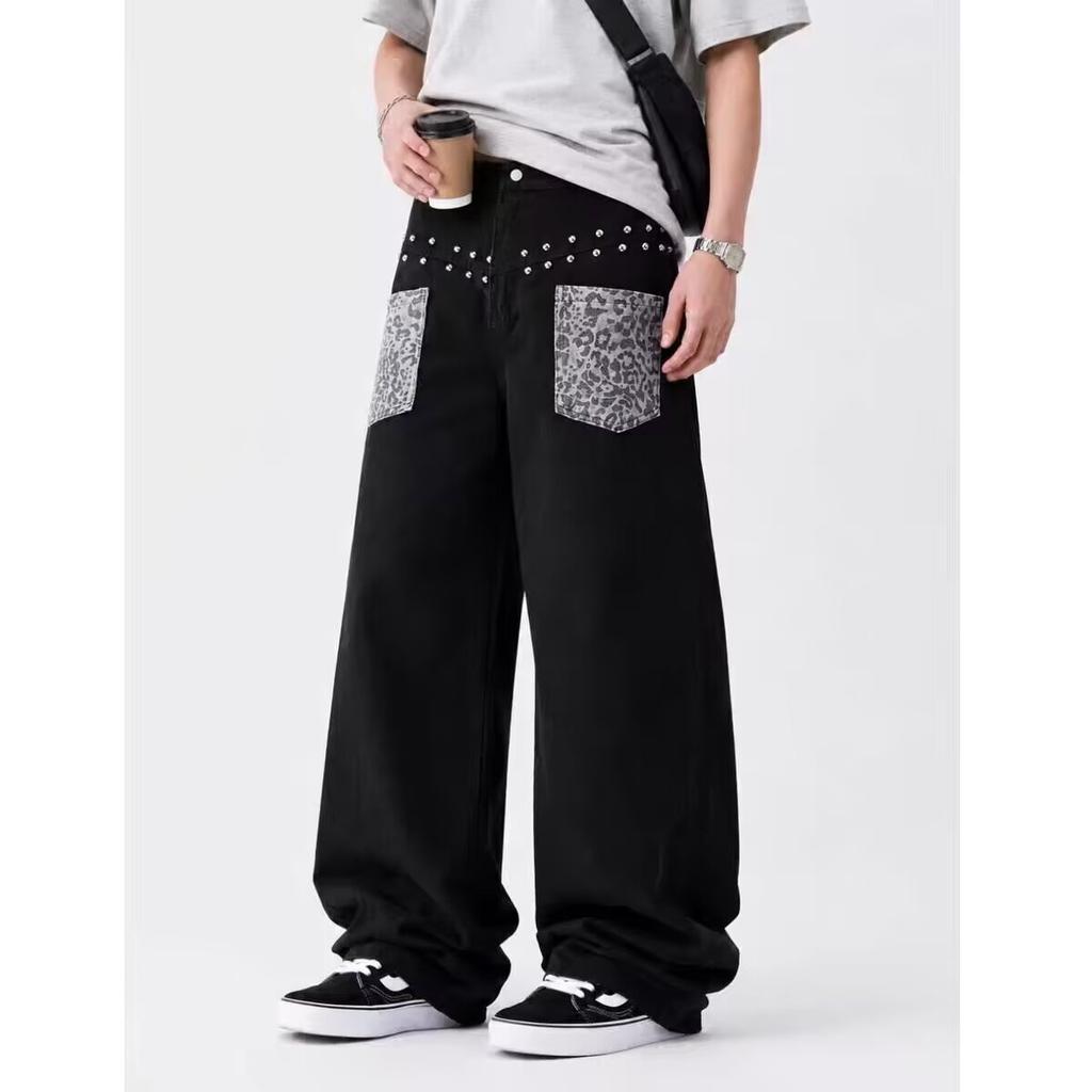 American retro cashew flower patch embroidered wide-leg jeans straight loose design drape long pants