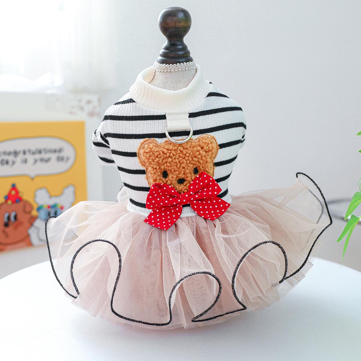 

Зимние платья для маленьких собак, девочек, полосатый свитер, юбка-пачка, костюм для питомца с медведем и бантом, одежда для кошек, нарядный наряд для вечеринки с собакой XS