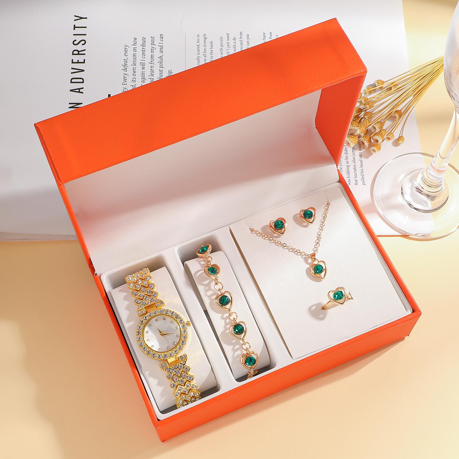 

Модные часы-браслет с циферблатом в виде ракушки для женщин, без подарочной коробки, полностью инкрустированы бриллиантами, набор из 5 предметов золотой