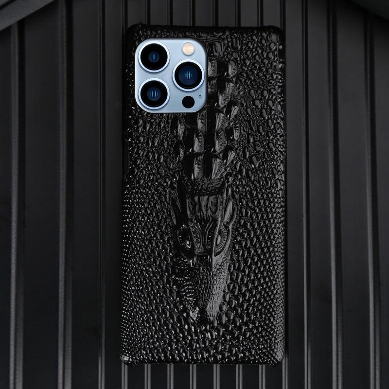 iPhone 11/13 Pro Max & Apple 14 Case: 3D Crocodile Head Genuine Cowhide Leather