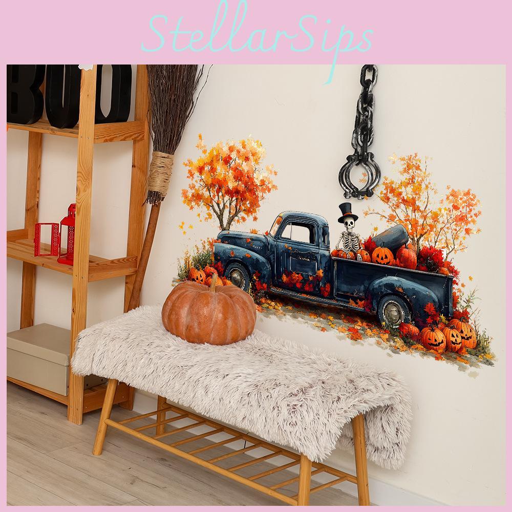 Halloween Motorcar Skeleton Pumpkin Wall Decal For Kitchen And Entryway Decor