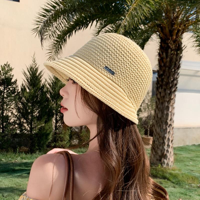 Hat Women's Thin Hollow Knitted Basin Hat Spring and Summer Sun Hat Show Small Irregular Brim Simple Versatile Breathable