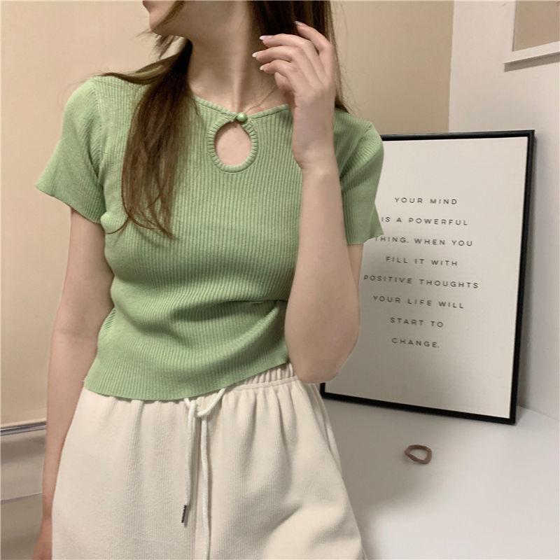 Summer Sexy Hollow Button Knitted Short Sleeved T-shirt with Women's Design Sense Short Style Interior Look Thin Bottom Shirt Top