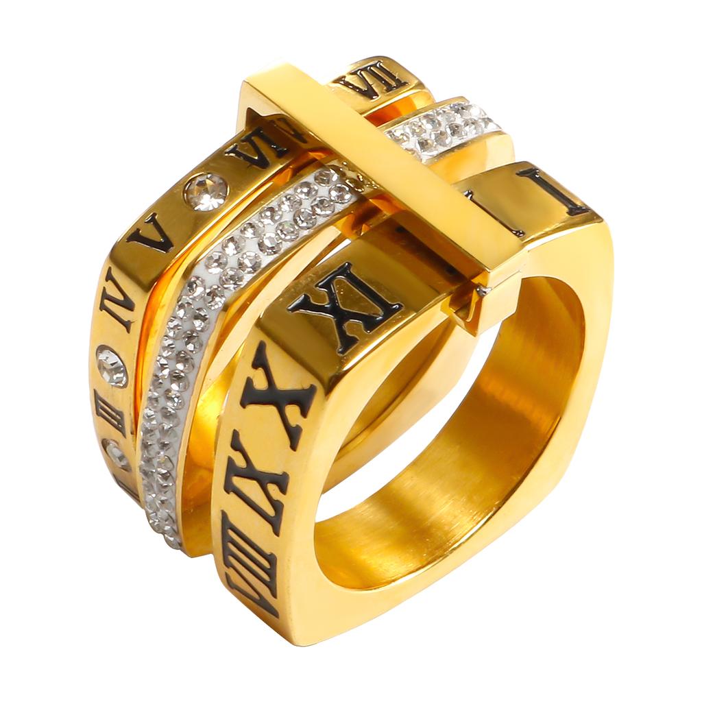 Anello con numeri romani a tre strati per donna, anelli di cristallo girevoli in acciaio inossidabile di lusso, gioielli alla moda per matrimonio femminile