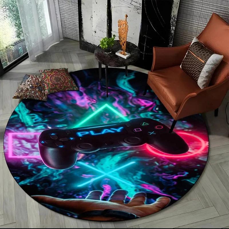 Game Controller Round Area Rug Cartoon Gamer Circle Carpet Rug for Living Room Children's Bedroom Sofa Decor Non-slip Floor Mat