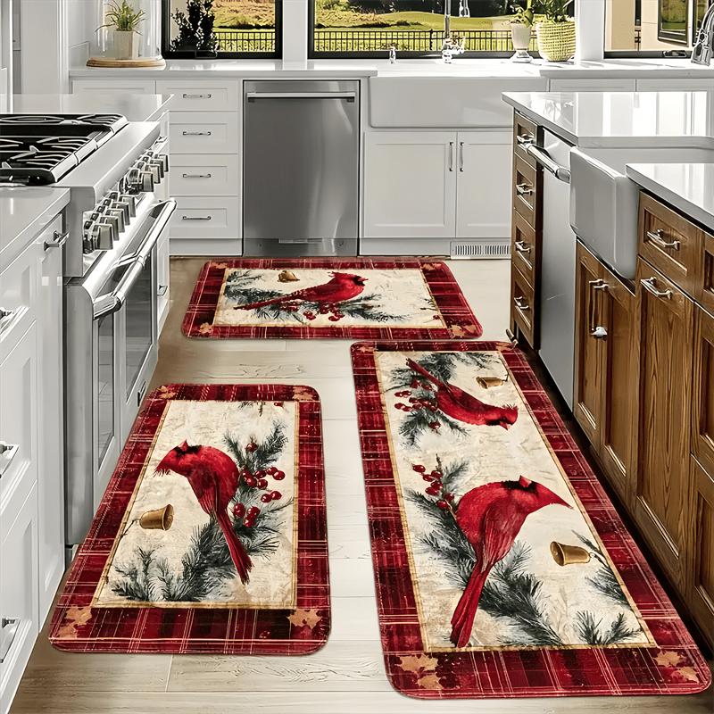 Set Christmas Kitchen Floor Mats Non Slip Washable Cardinal Bird Pine Berry Plaid Border Runner Rug for Family Xmas