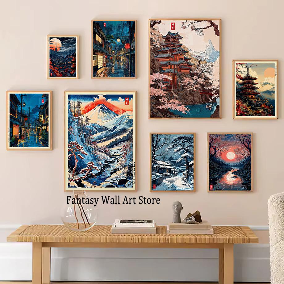Tokyo Landscape Anime Illustration Print Japanese Night Scene Poster Fuji Vintage Painting Style Art Decor Canvas Wall Art Retro
