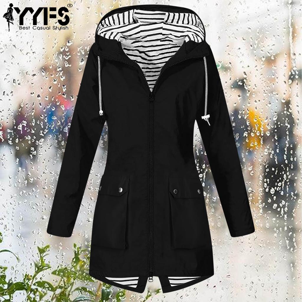 YYFS Dámská móda Ležérní pruhovaný potisk Podzim Zima Bundy a kabáty s dlouhým rukávem a kapucí