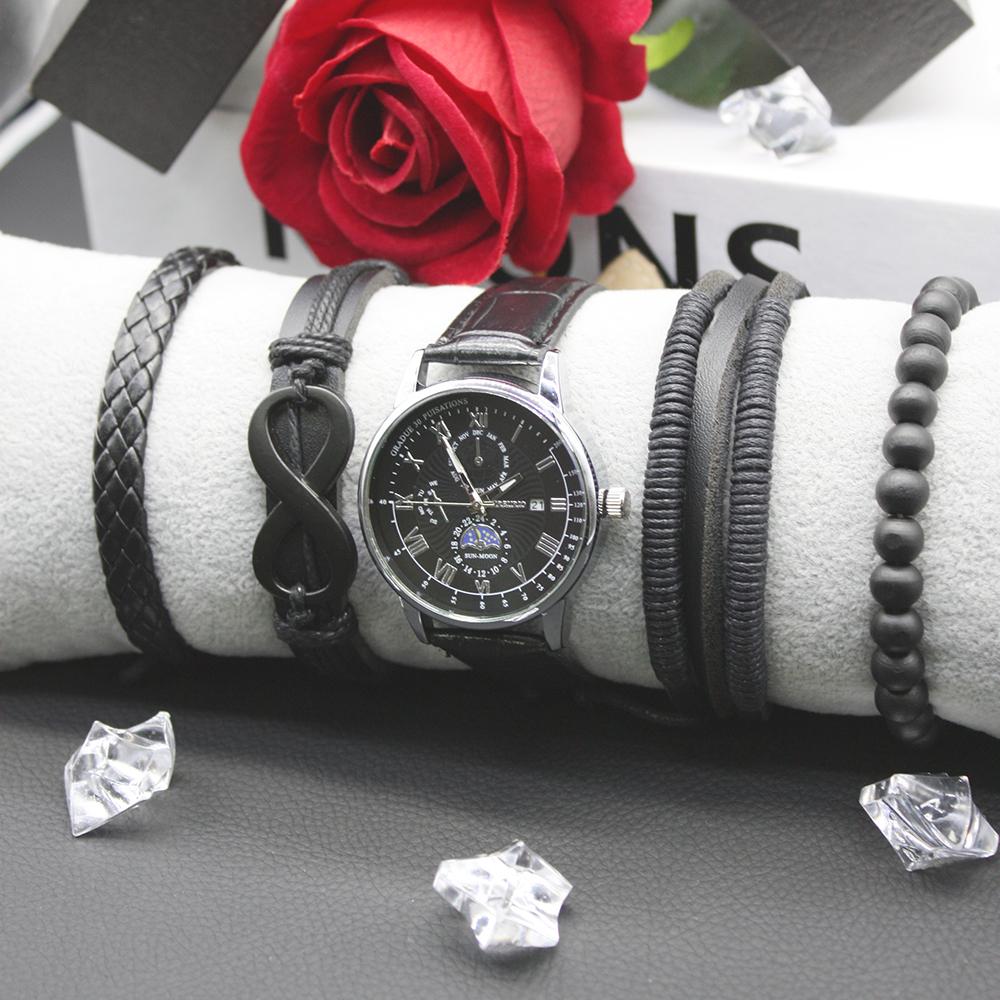 5pcs Set High-end Men's Watch Leather Belt Retro Fashion Round Dial Bracelets Include Box for Get-together Party