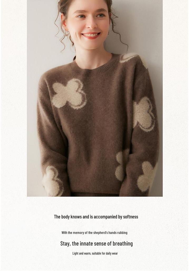 Lekasha Floral Cashmere Knit Sweater - Women's Autumn/Winter Round Neck Loose Fit