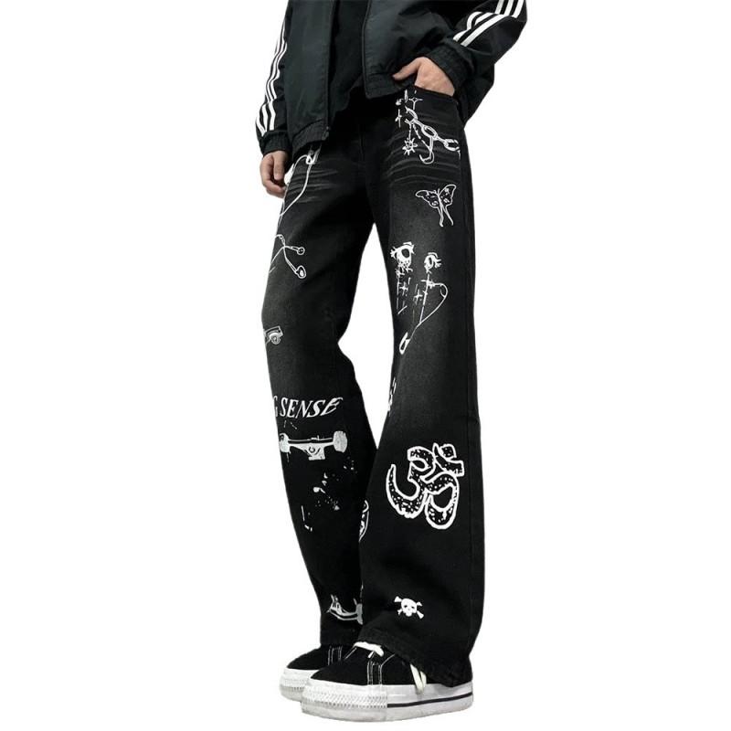 Mens Jeans Streetwear Vibes Slim Fit Loose Straight Leg Graffiti Fashion Denim Pants