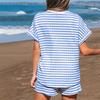 Ladies' Casual Round Neck Pullover Short Sleeved Drawstring Shorts Striped Set