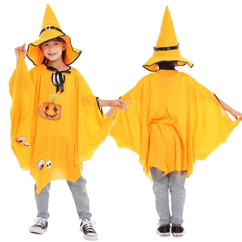 Dětský kostým čarodějnice: Halloweenská sada pláště a čepice s motivem dýně