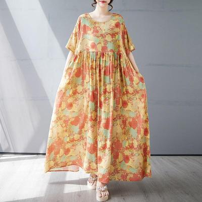 Short Sleeve Plus Size Cotton Vintage Floral New In Dresses for Women Casual Loose Long Summer