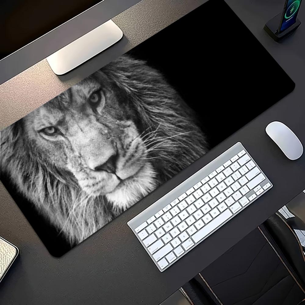 Desk Mat Majestic Black White Lion Beast Print Stitched Edge AntiSlip Rubber Mouse Pad For Gaming Working Home Laptop Computer