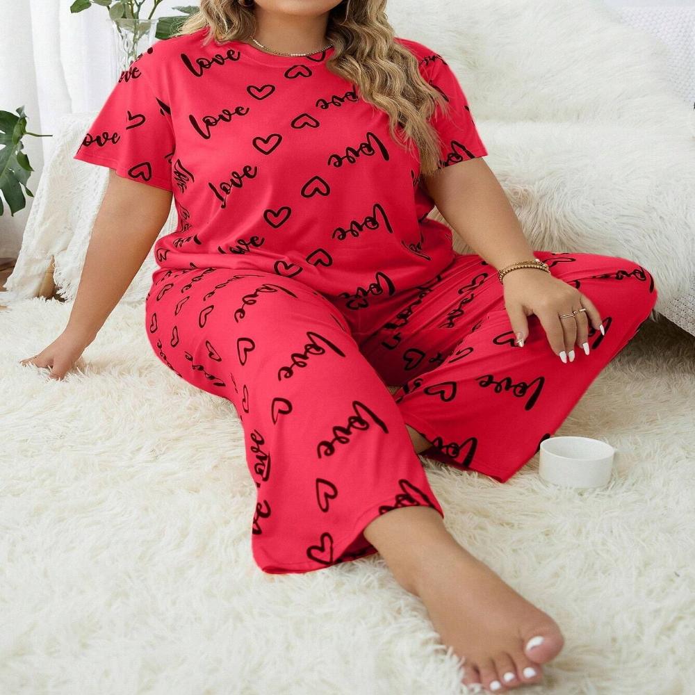 Frühling Sommer Übergröße 5XL Damen Grafikdruck Pyjama Set Zweiteiliger Schlafanzug Anzug Loungewear Kurzarm Oberteil und Hose Pyjama Damen Homewear
