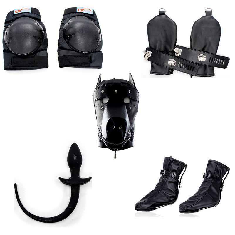 Dog Muzzle Set: K9 Slave Training Suit with Paws and Knee Pads for Male Training.