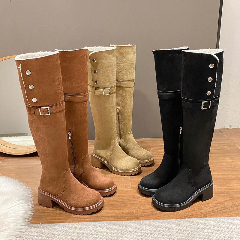 Retro Zwei-Wege gefaltete Westernstiefel mit dicker Sohle Herbst und Winter 2025 neue warme lange Stiefel overknee lange Stiefel Ritterstiefel