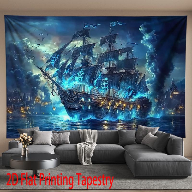 Tapisserie Navire Pirate Impression Numérique 2D Polyester Accrochage Mural Décoration Salon Chambre Bureau Studio avec Crochets
