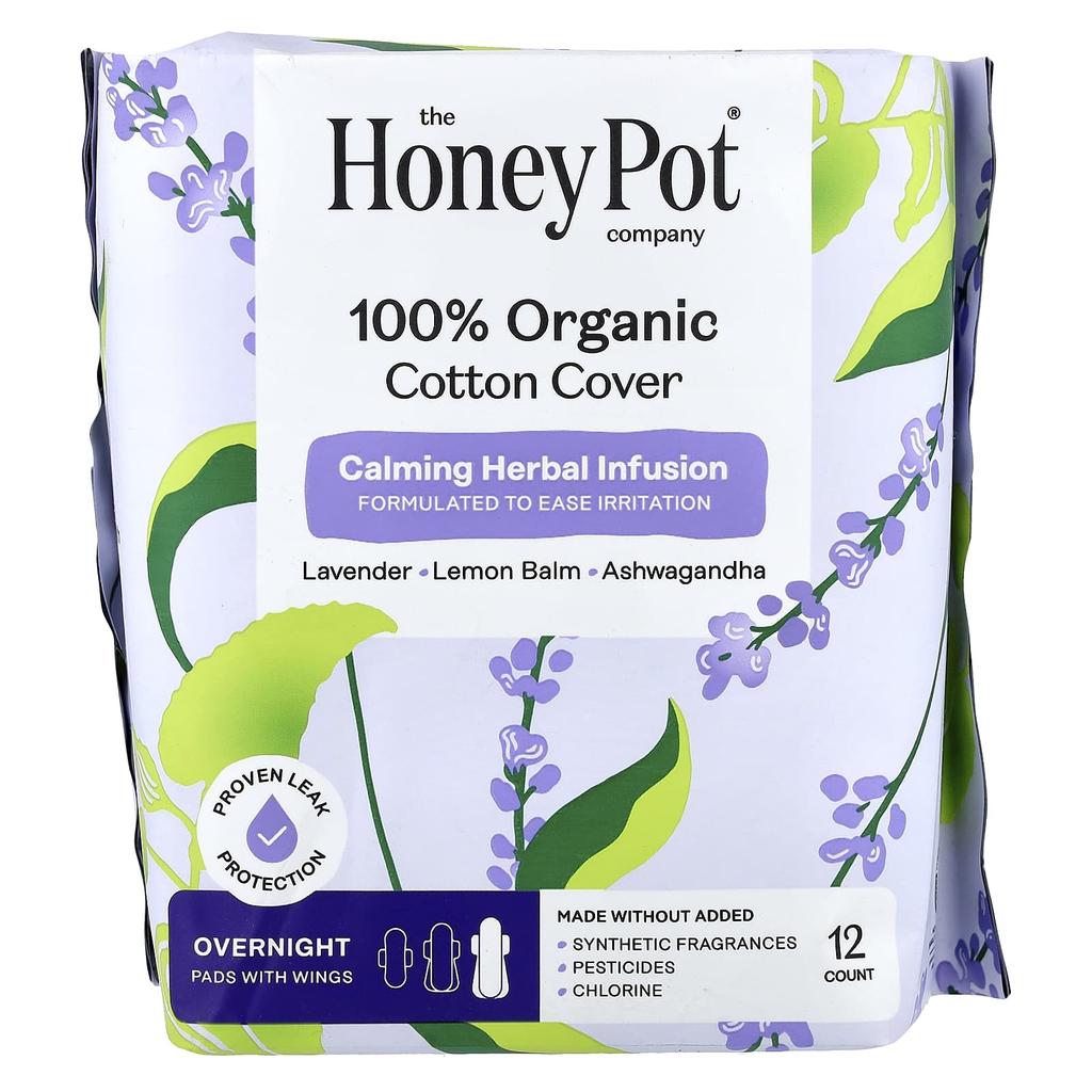 The Honey Pot Company Organic Calming Herbal Infusion, Winged Pads, Overnight, 12-Count