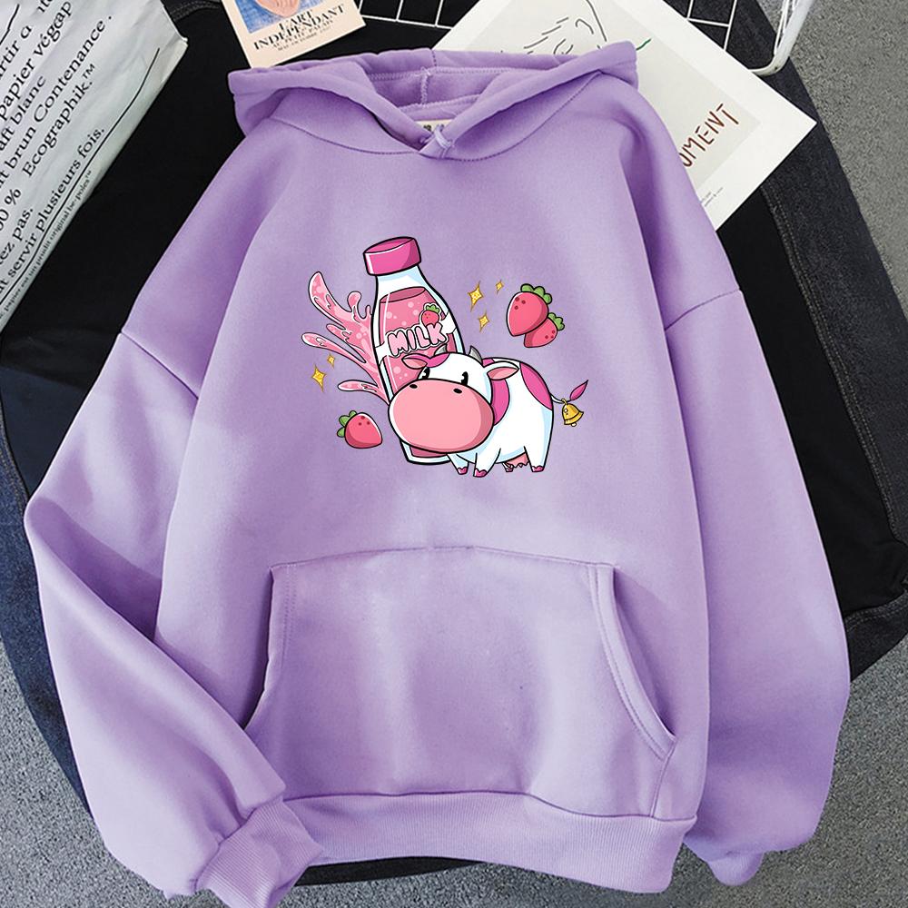 Strawberry Milk Pink Cow Hoodie Oversized Cartoon Printed Sweatshirt Women Warm Hooded Pullovers Harajuku Girls/Boy Sweatshirts