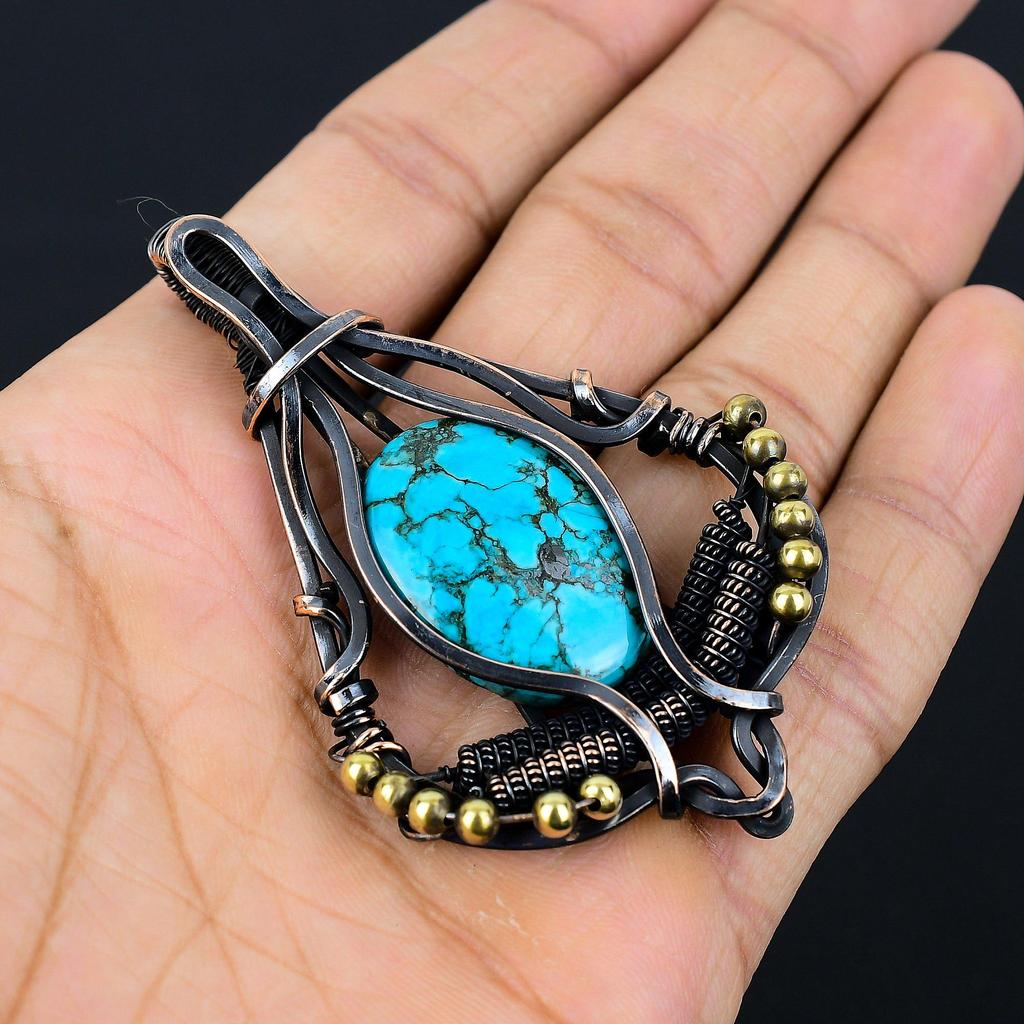 Tibetan Turquoise Gemstone Pure Copper Wire Wrapped Designer Handmade Pendant Jewelry For Her