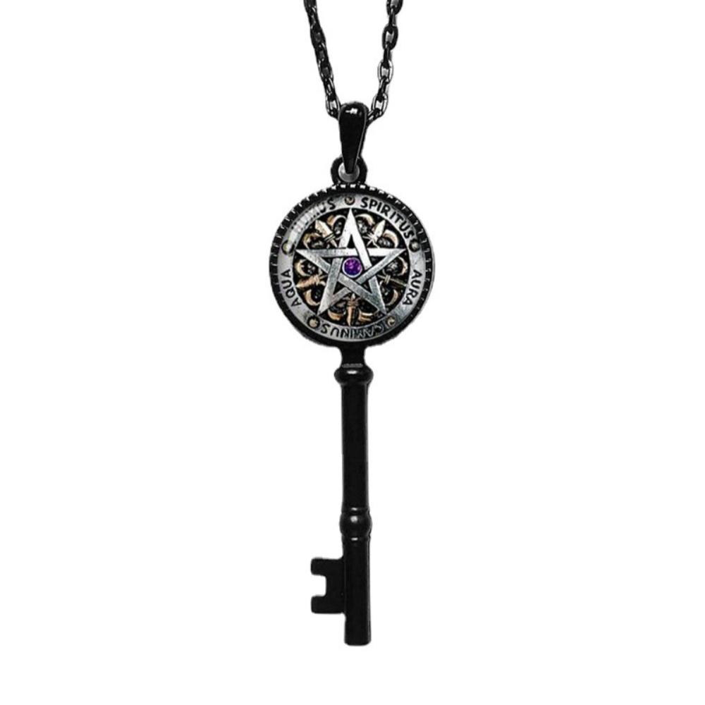 Fashion Classic Five-pointed Star Glass Key Pendant Necklace for Men Women Key of Solomon Magic Array Jewelry Accessories Gifts