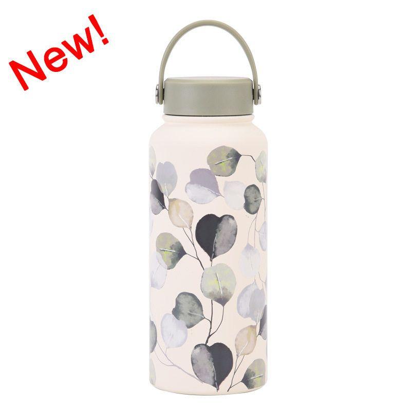 2025 New Model 1L Large Capacity Thermos Cup with Wide Mouth, Portable Handle, Sports Water Bottle, Outdoor Printed Water Cup for Women