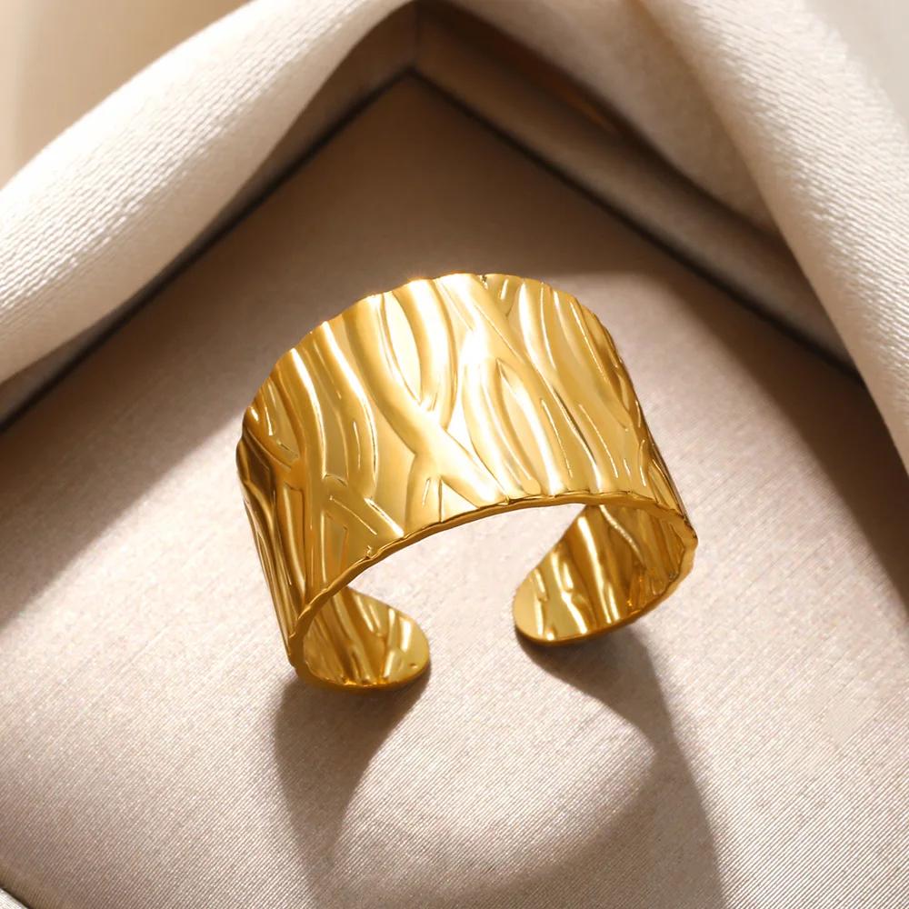 Stainless Steel Geometric Rings For Women Men Gold Color Wide Oval Jewelry Hippie Punk Opening Ring Wedding Party Gift