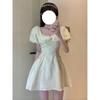 French bubble sleeve dress women's summer square collar high-end temperament fairy tutu skirt waist short skirt small man