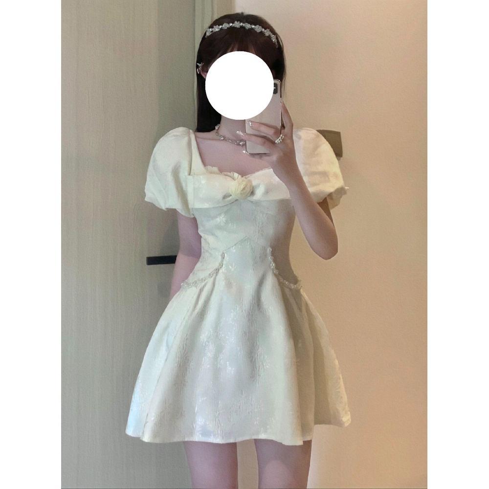 French bubble sleeve dress women's summer square collar high-end temperament fairy tutu skirt waist short skirt small man