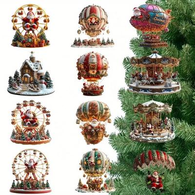 12-teiliges Santa Ornament Set aus Holz – Heißluftballon & Riesenrad Weihnachtsdeko für Baum & Zuhause