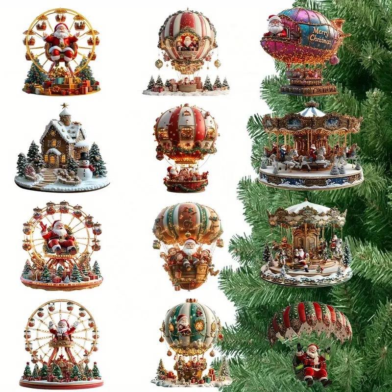 12-Piece Wooden Santa Ornament Set – Hot Air Balloon & Ferris Wheel Christmas Decor for Tree & Home