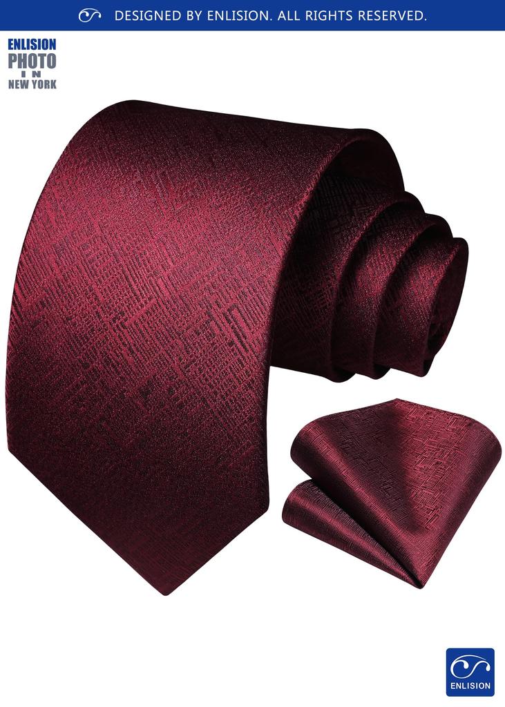 [Enlision] Men's Red Tie and Pocket Square Set - Solid Silk, Stylish, Wide Red, Perfect for Weddings, Job Hunting, Entrance Ceremonies, Graduation