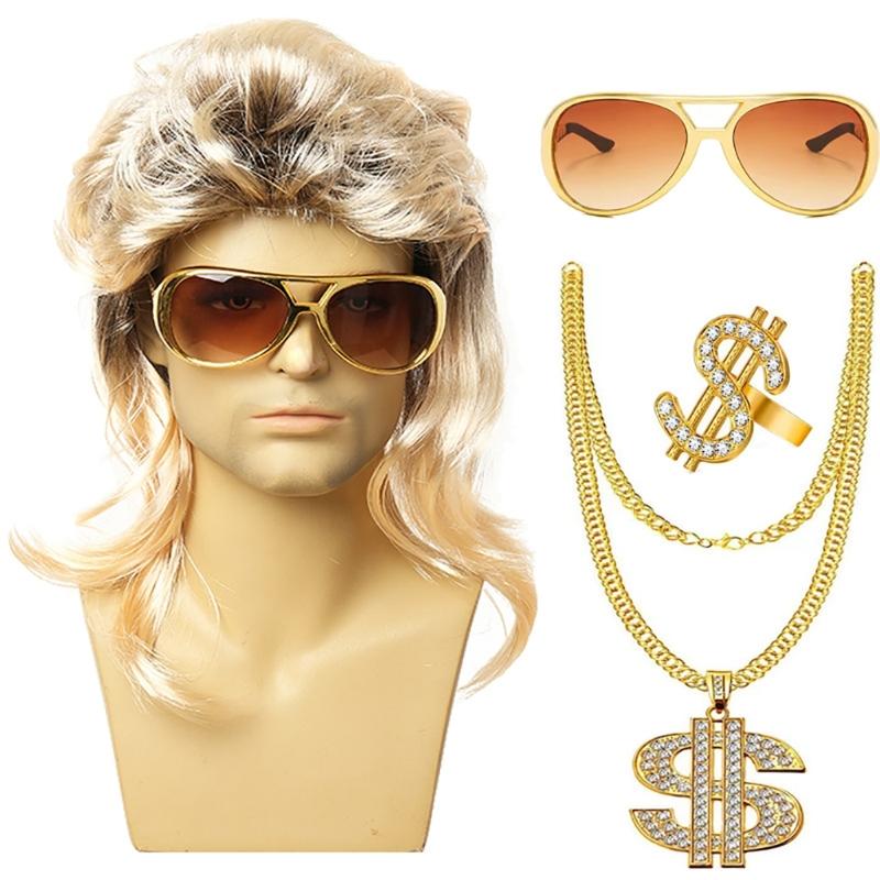 80s Disco Wig Costume Accessories Rocker Wig Set Glasses Necklace Hippie Costume Set Curly Rock Wig for Halloween Party
