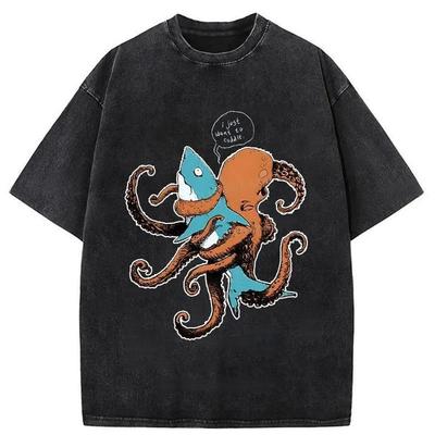 Japanischer Stil Y2K Hip Hop Herren T-Shirts Oktopus umschlingt Hai Gewaschenes T-Shirt Sommer Retro Vintage Kurzarm