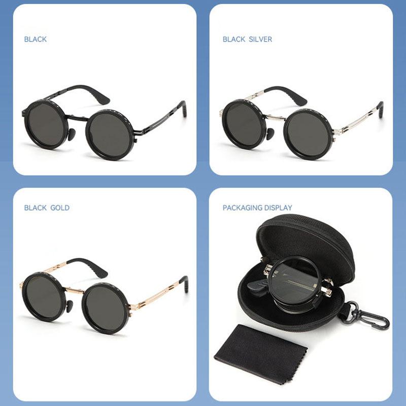 SHAUNA Full-folding Light-reducing Metal Punk ND9-level Adjustable Dimming Round Polarized Sunglasses UV400 With Case