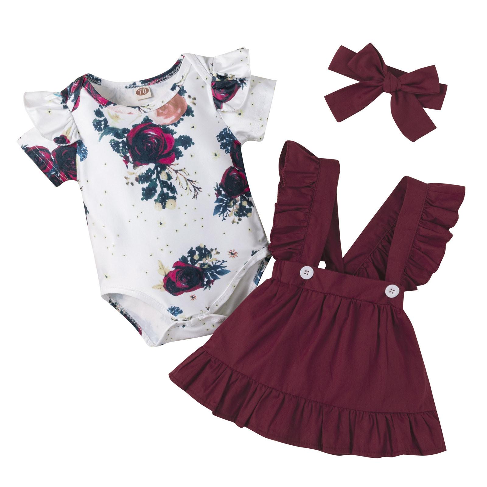 

Newborn Ribbed Outfit Ruffle Sleeve Romper Color Suspender Skirt Set 2PC Headband 0-36M 70 винный