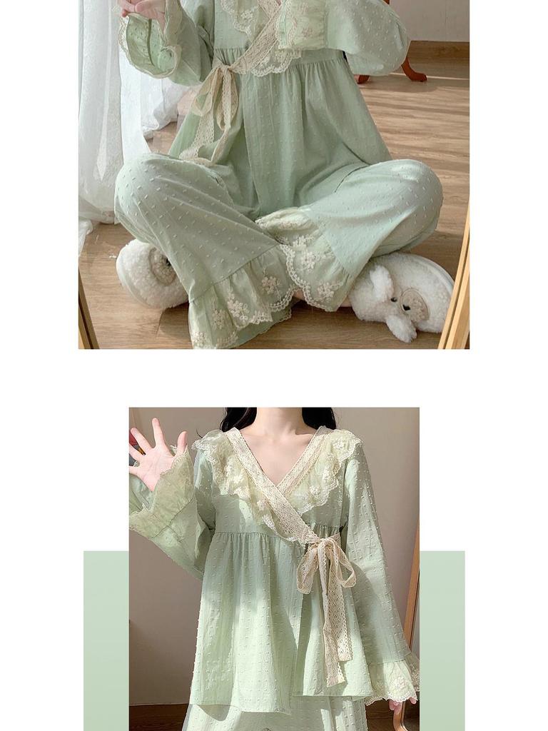 Women's Autumn Princess Style Long Sleeve Pajama Set - Sweet Retro Kimono Design