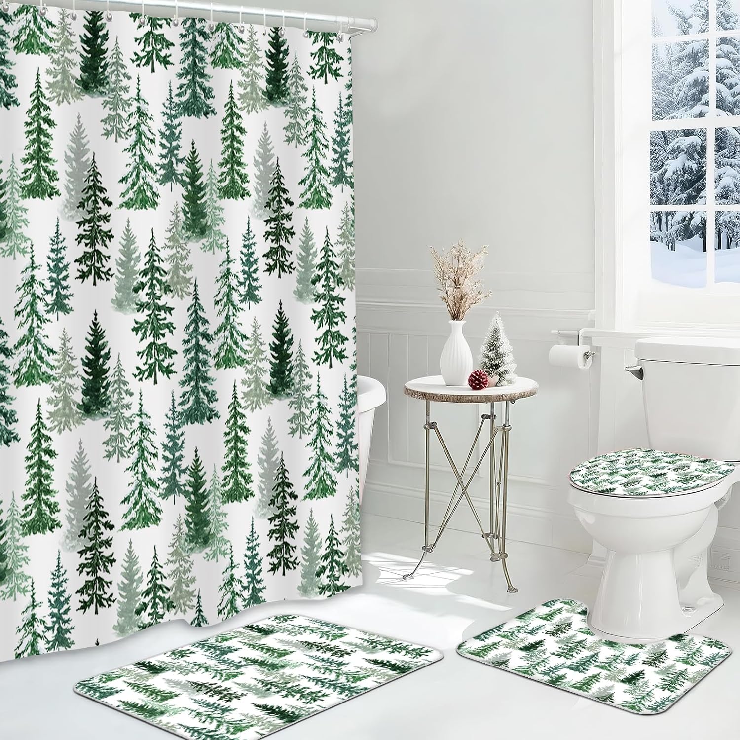

4Pcs Bathroom Shower Curtain Set Christmas tree Bathroom Curtain With 12 Hooks Non Slip Rugs Toilet Cover Mat Bathroom Partition 4Pcs Set