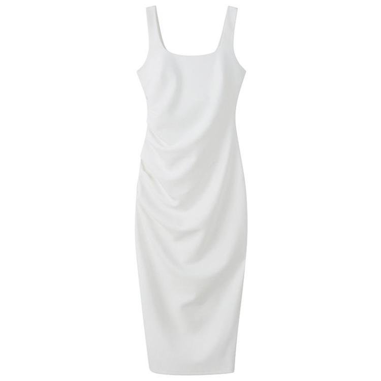 Elegant Dress for Women French White Sleeveless Square Neck Bodycon Dress with Pleats