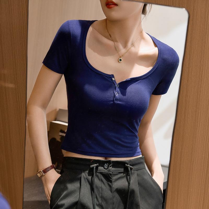 Ladies Modal Cotton Short Pure Desire Spice Girls Tight Bottoming Shirt Summer New Short-sleeved T-shirt Positive Shoulder Thin Tops