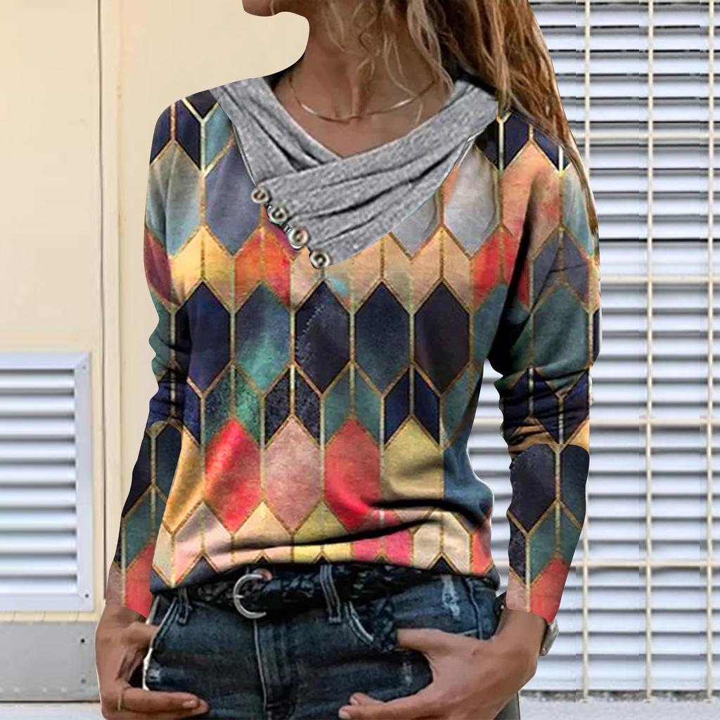 Women Tie-dye Printed Embroidery Collar Long Sleeve Pullover Blouse Tops