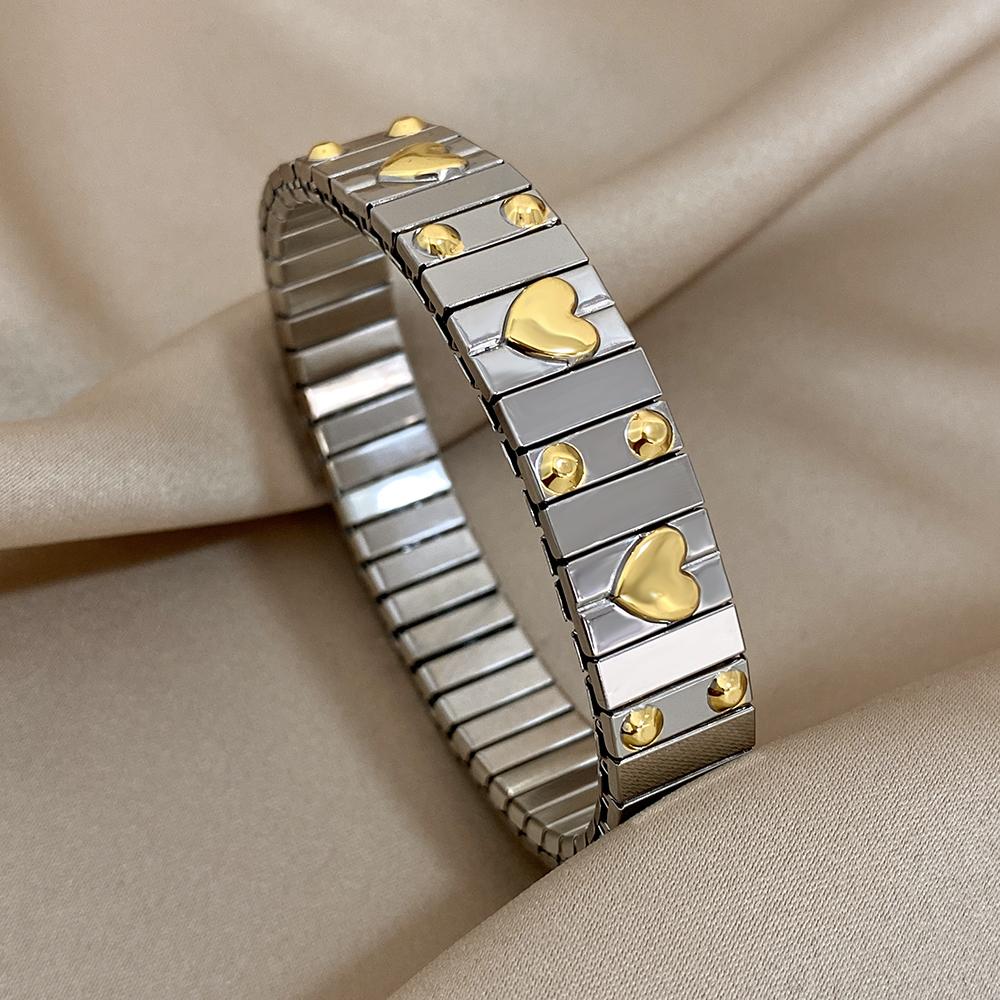 AENSOA Vintage Elastizität Edelstahl Armreifen Armband für Damen Klassisch Herz Quadrat Verstellbares Armband Wasserdichter Armreif